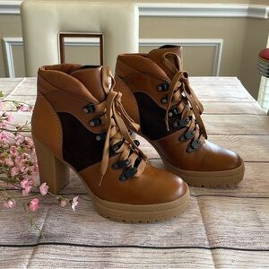 See By Chloe Stylish Brown Leather & Suede Lace-Up Ankle Boots